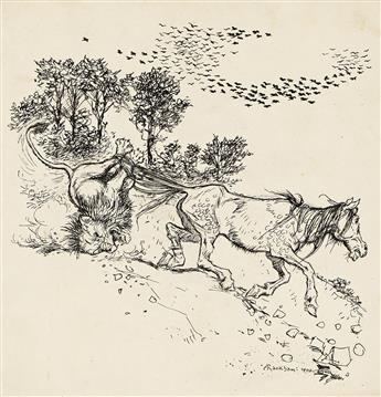 ARTHUR RACKHAM (1867 - 1939) "Then the horse sprang up, and dragged the Lion away behind him."                                                   